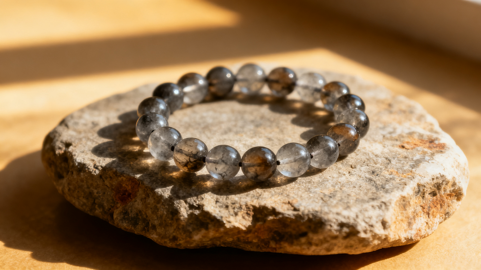 Armband aus Rauchquarzperlen auf einem Stein
